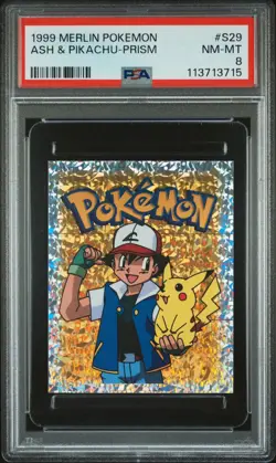 PSA 8 NM/MT 1999 MERLIN POKEMON S29 ASH & PIKACHU-PRISM - Image 1