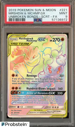 2019 Pokemon Sun & Moon Unbroken Bonds Secret FA #221 Mrshdw & Mchmp Gx PSA 9 - Image 1