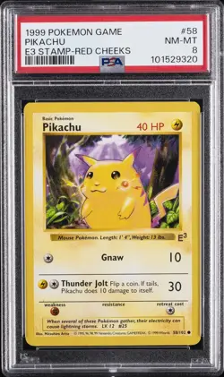 1999 POKEMON GAME E3 STAMP-RED CHEEKS #58 PIKACHU PSA 8 - Image 1