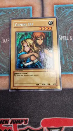 Yugioh TCG - Gemini Elf LON-E000 - 1st Edition Secret - MP/HP (Crease On Back) - Image 1