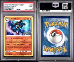 2022 POKEMON SWSH BLACK STAR PROMO 186 LUCARIO-HOLO PRERELEASE PSA MINT 9 - Image 1