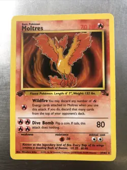 Fossil Moltres 1st Edition 27/62 Non Holo Base Set Pokemon Card -Good Condition - Image 1