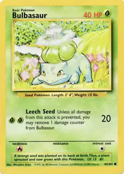 Vintage Wotc Pokemon Bulbasaur Base Set 44/102 Very Light Play VLP Card - Image 1