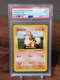 1999 Pokemon BASE SET Growlithe PSA 9 MINT 28/102 SHADOWLESS - Image 1