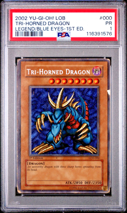 PSA 1 PR 1ST EDITION LOB-000 Tri-Horned Dragon Secret Rare Yugioh ENGLISH - Image 1
