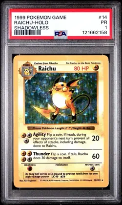 PSA 1 Raichu Holo Shadowless 14/102 Base Set 1999 Pokemon WoTC PR - Image 1