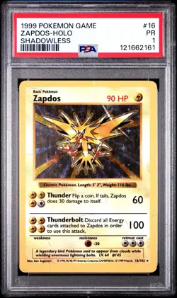PSA 1 Zapdos Shadowless Holo Rare #16 Base Set 1999 Pokemon WoTC PR - Image 1