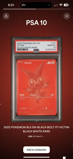 2025 POKEMON BLK EN-BLACK BOLT WHITE FLARE RARE 171/086 VICTINI PSA 10 GEM #171 - Image 3