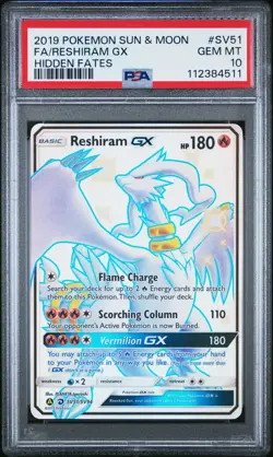 PSA 10 GEM MINT Reshiram GX Hidden Fates Full Art Holo Pokemon SV51/SV94 - Image 1