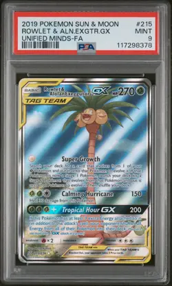 PSA 9 Rowlet & Alolan Exeggutor GX Full Alt Art Tag Team Pokemon Card #215 Mint - Image 1