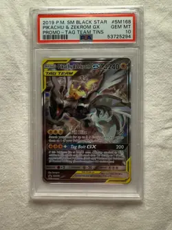 Pokemon 2019 Pikachu & Zekrom GX Tag Team Black Star Promo Tin FA #SM168 PSA 10 - Image 1