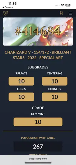 Pokemon Charizard v Alt Art Brilliant Stars 154/172 Ace 10 PERFECT SUBGRADES - Image 4