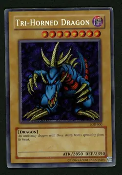 Tri-Horned Dragon LOB-000 Moderately Played Secret Rare Holo Yugioh Card 2002 - Image 1