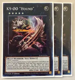 Yugioh! 3x K9-OO "Hound" JUSH-EN036 Super Rare 1st Ed NM - Image 1