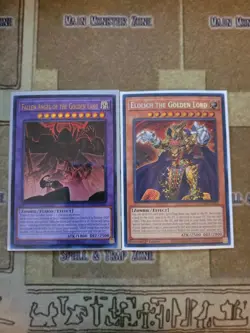 YUGIOH FALLEN ANGEL OF THE GOLDEN LAND + ELDLICH THE GOLDEN LORD RA01 SECRET - Image 1