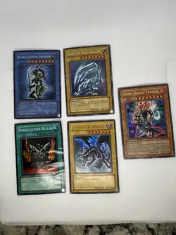 Vintage Yugioh DAMAGED Lot (5) Cards Holo Blue Eyes Red Eyes Dragon Black Luster - Image 1