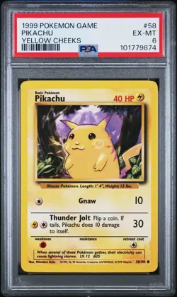 1999 POKEMON BASE SET UNLIMITED YELLOW CHEEKS #58 PIKACHU PSA 6 - Image 1