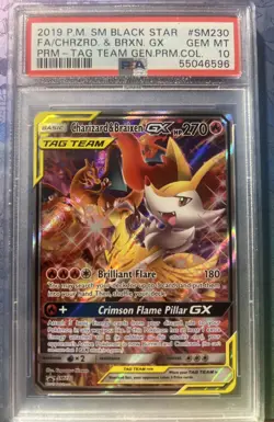 Charizard & Braixen GX Tag Team Pokemon Card - PSA 10 - SM230 - Full Art - Image 1