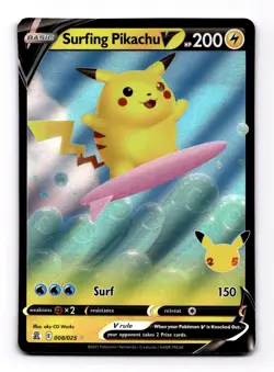 Pokemon Celebrations Surfing Pikachu V Full Art 008/025, Fresh Pull, Near Mint - Image 1