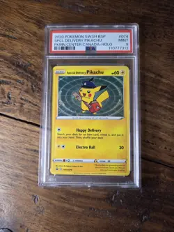 Pokemon Special Delivery Pikachu SWSH074 Black Star Promo Cosmos SWIRL - PSA 9 - Image 1