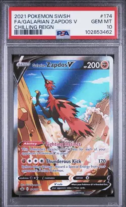 PSA 10 Gem Mint Galarian Zapdos V 174 Alternate Art Chilling Reign Pokemon Card - Image 1