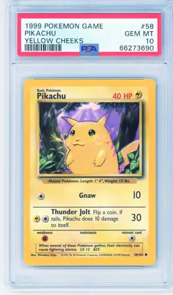 1999 Pokemon Unlimited BASE SET 58 Pikachu Yellow Cheeks FRESH PSA 10 GEM MINT - Image 1