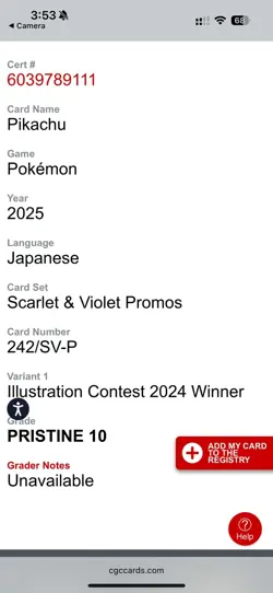 CGC Pristine 10 Pikachu Illustration Contest Winner 2024 Japanese Pokemon #242 - Image 4