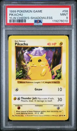 1999 POKEMON GAME BASE SET 58 PIKACHU YELLOW CHEEKS-SHADOWLESS PSA 9 MINT - Image 1