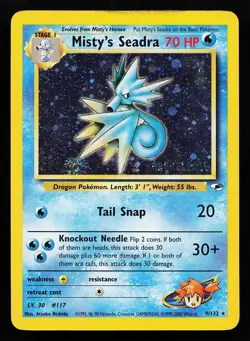Misty's Seadra (Prerelease) 9/132 Holo SWIRL Gym Heroes Pokemon Card PLAYED - Image 1