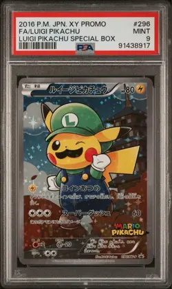 PSA 9 2016 Luigi Pikachu 296/XY-P Mario Box Promo Holo Pokemon Card Japanese - Image 1