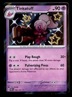 Shiny Tinkatuff Ultra Rare Paldean Fates 166/091, NM Pokemon Card - Image 1