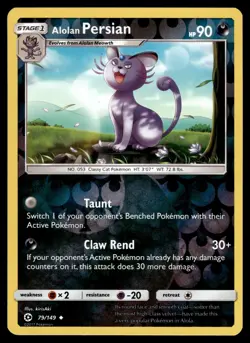 Alolan Persian 79/149 Reverse Holo Sun & Moon Base Set Pokemon Card - Image 1