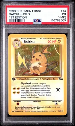 PSA 1 MK Raichu 1st Edition Fossil Holo 14/62 1999 Pokemon WoTC PR - Image 1