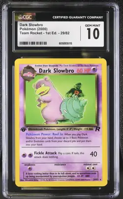CGC 10 GEM MINT Dark Slowbro Team Rocket 1st Edition 29/82 Pokemon Card psa - Image 1