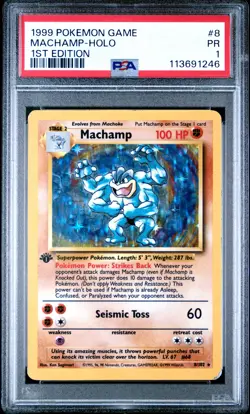1999 POKEMON GAME 1ST ED #8 MACHAMP-HOLO PSA 1 - Image 1