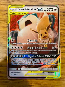 NM! Eevee & Snorlax GX (120/181) S&M Tag Team Team Up Ultra Rare Pokemon Card! - Image 1