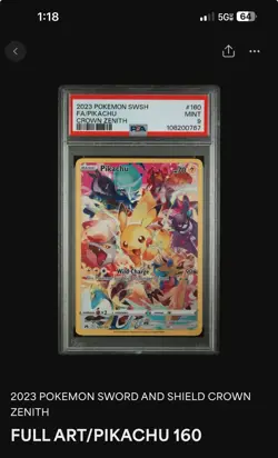 Pokemon TCG Crown Zenith Pikachu Holo Card 160/159 PSA 9 Secret Rare - Image 1