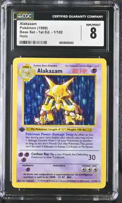 CGC 8 Alakazam 1999 Base Set 1st Edition Shadowless 1/102 Holo Pokemon Card - Image 1
