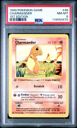 PSA 8 Charmander 1st Edition Shadowless Base Set Pokemon Card #46 NM-MT Clean - Image 1