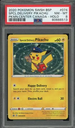2020 PSA 8 Pokemon Special Delivery Pikachu Black Star Promo SWSH074 Swirl Card - Image 1