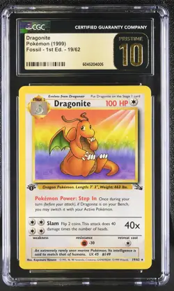 CGC 10 PRISTINE Dragonite 1999 Fossil 1st Edition 19/62 Pokemon Card - Image 1
