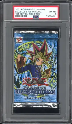 PSA 8 NM-MT Yugioh LOB Legend of Blue Eyes White Dragon 1st Edition Booster Pack - Image 1