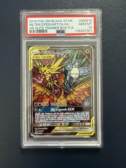 PSA 10 Moltres & Zapdos & Articuno GX SM210 Black Star Promo Pokemon Card - Image 1