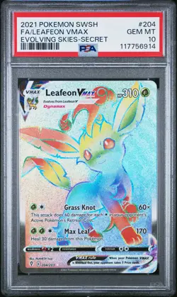 PSA 10 Leafeon VMAX 204 Secret Rainbow Rare Evolving Skies Pokemon Card - Image 1