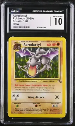 CGC 10 GEM MINT Aerodactyl 1999 Fossil 1/62 Holo Pokemon Card - Image 1
