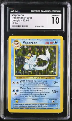 CGC 10 GEM MINT Vaporeon 1999 Jungle 12/64 Holo Pokemon Card - Image 1
