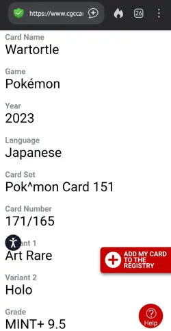 Wartortle Pokemon (2023) Japanese Pokemon 151 171/165 AR Holo CGC MINT+ 9.5 - Image 3