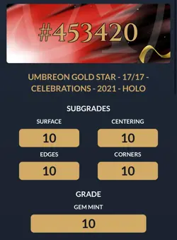 Umbreon Gold Star ACE 10 Pokemon Card Celebrations 17/17 !PERFECT SUB GRADES! - Image 3