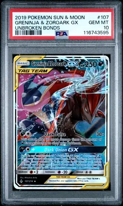 PSA 10 Greninja & Zoroark GX 107/214 Unbroken Bonds Tag Team Pokemon - Image 1