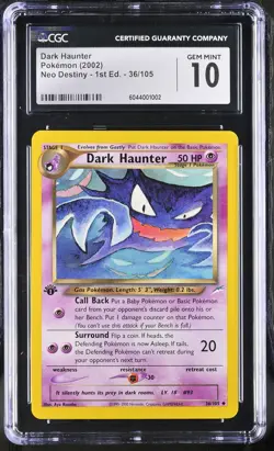 CGC 10 GEM MINT Dark Haunter Neo Destiny 1st Edition 36/105 Pokemon Card psa - Image 1